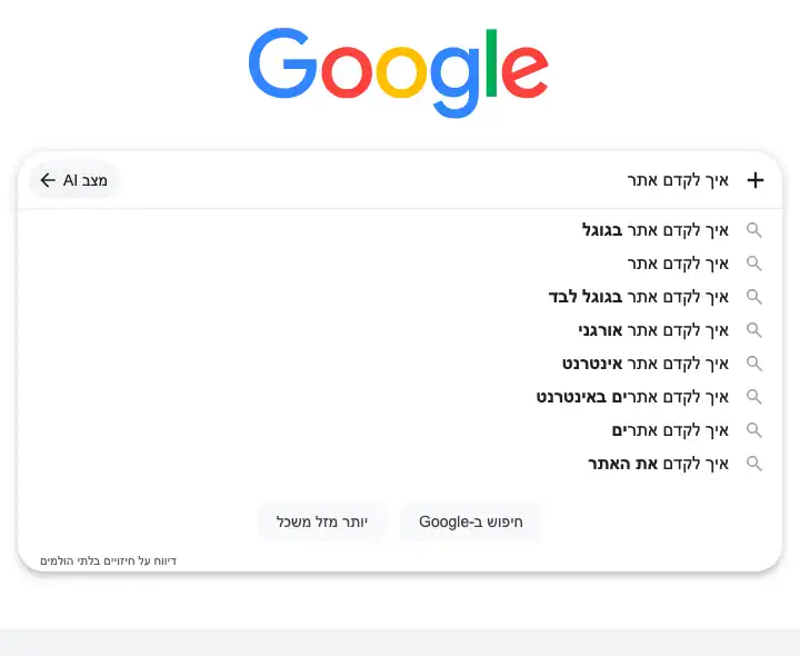 השלמות אמיתיות של גוגל לשאילתה איך לקדם אתר