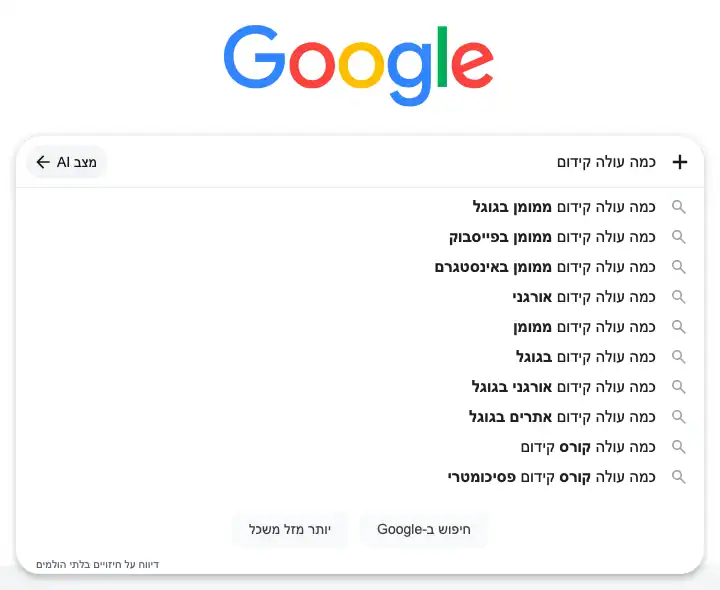 השלמות אמיתיות של גוגל לשאילתה כמה עולה קידום
