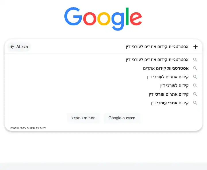 צילום מסך: השלמות החיפוש של גוגל לביטוי אסטרטגיית קידום אתרים לעורכי דין