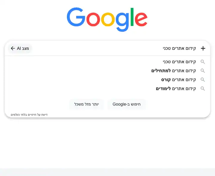 צילום מסך: השלמות החיפוש של גוגל לביטוי קידום אתרים טכני