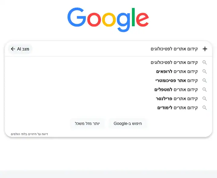 צילום מסך: השלמות החיפוש של גוגל לביטוי קידום אתרים לפסיכולוגים