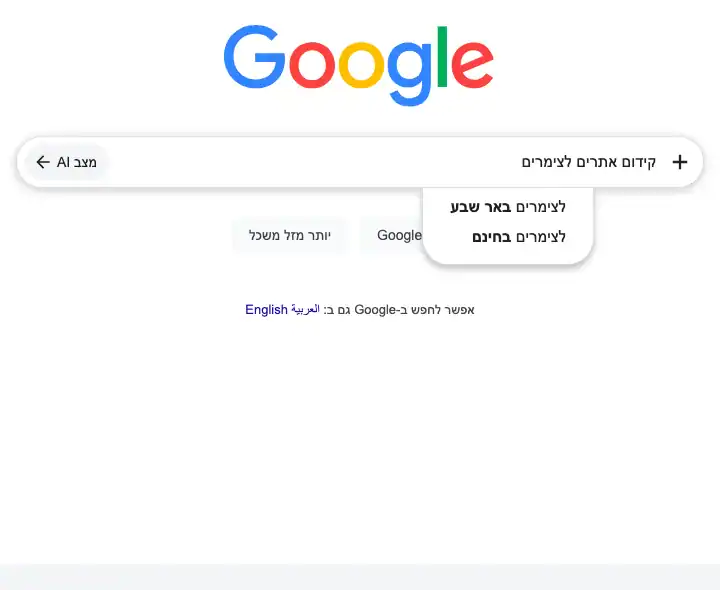 צילום מסך: השלמות החיפוש של גוגל לביטוי קידום אתרים לצימרים