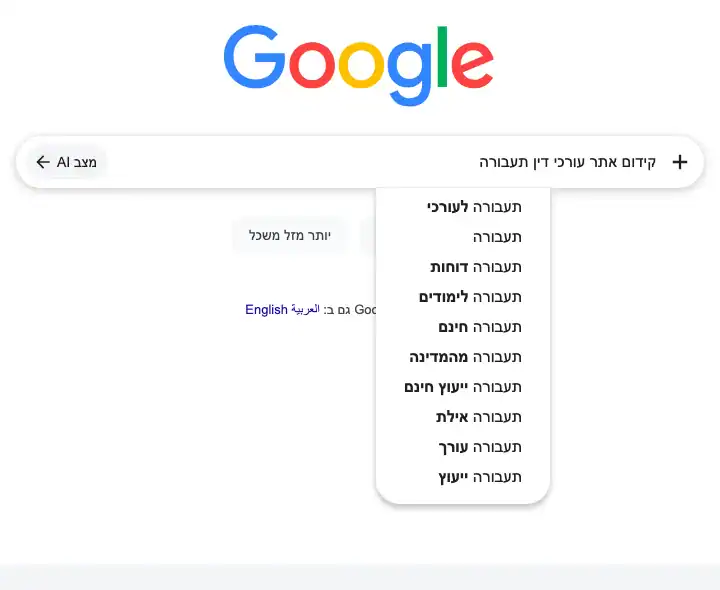 צילום מסך: השלמות החיפוש של גוגל לביטוי קידום אתר של עורך דין תעבורה