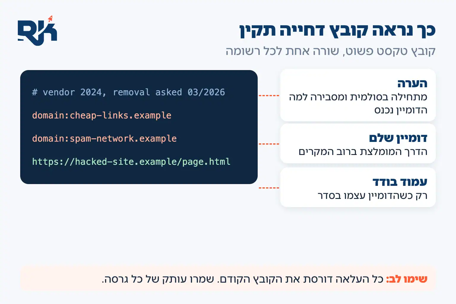 דוגמה לקובץ דחיית קישורים עם הסבר לכל שורה