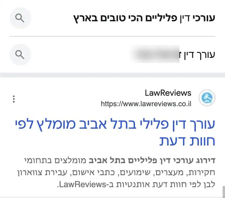 תוצאות חיפוש בגוגל לעורך דין פלילי בתל אביב עם אתר דירוגים של עורכי דין בעמוד הראשון