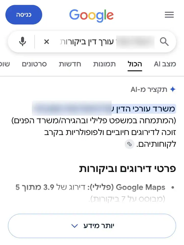 תקציר AI של גוגל שמסכם את הדירוג והביקורות של משרד עורכי דין